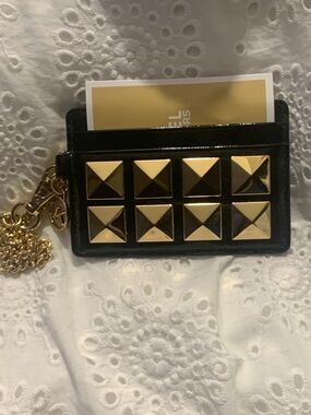 New Michael Kors Card Wallet Case, Gold Studs Chain Wallet BLACK